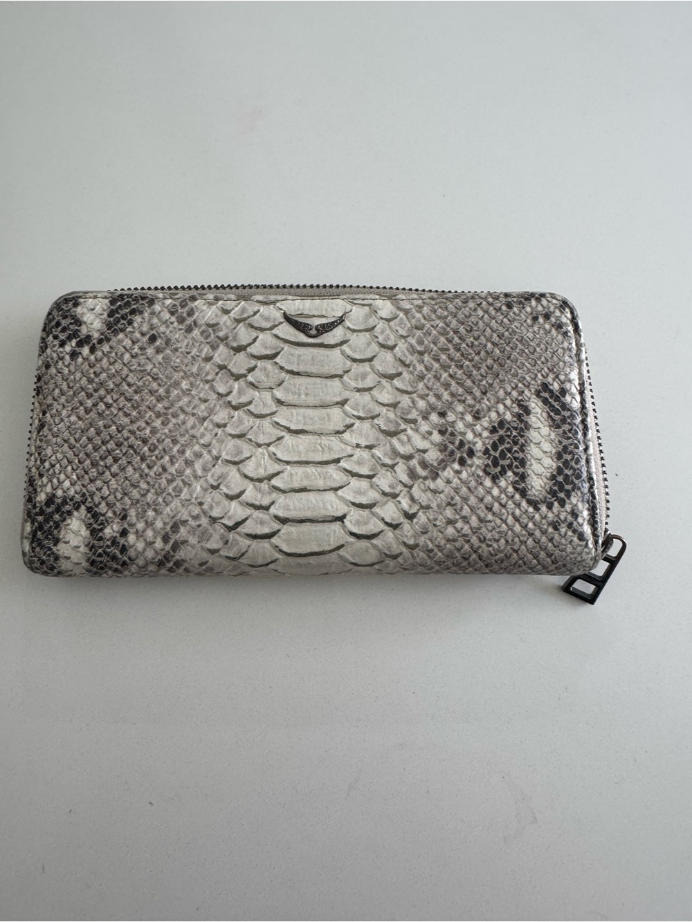Zadig & Voltaire White and Gray Python-Embossed Zip Wallet